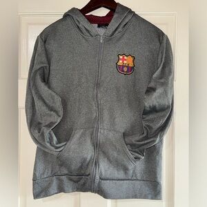 FC Barcelona Kids Sweatshirt XL Gray Hoodie Logo Full Zip Embroidered